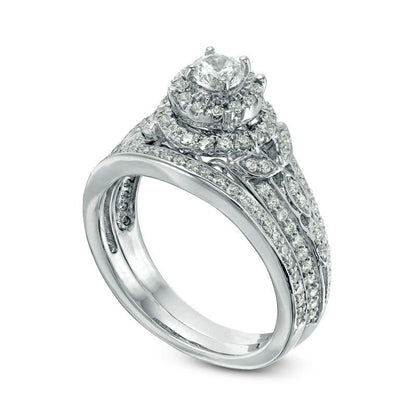 0.88 CT. T.W. Natural Diamond Double Frame Bridal Engagement Ring Set in Solid 10K White Gold