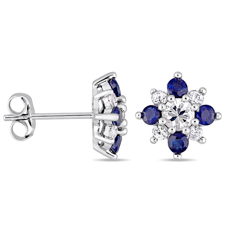Blue and White Sapphire Flower Stud Earrings in 14K White Gold