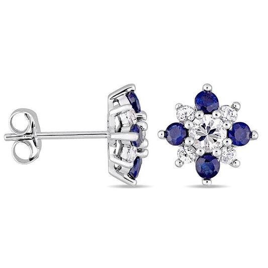 Blue and White Sapphire Flower Stud Earrings in 14K White Gold
