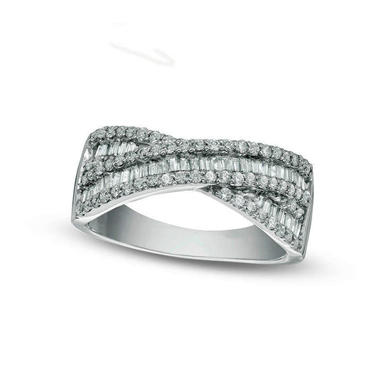0.75 CT. T.W. Baguette and Round Natural Diamond Crossover Band in Solid 10K White Gold