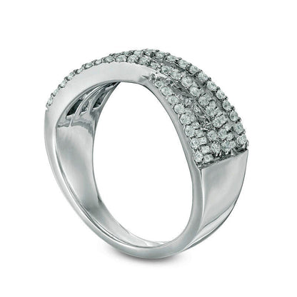 0.75 CT. T.W. Baguette and Round Natural Diamond Crossover Band in Solid 10K White Gold
