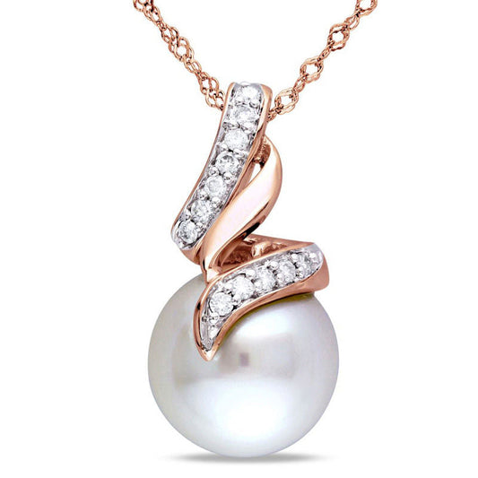 9.5 - 10.0mm Cultured Freshwater Pearl and 0.1 CT. T.W. Natural Diamond Cascading Ribbon Pendant in 10K Rose Gold - 17
