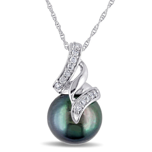 9.5 - 10.0mm Black Cultured Tahitian Pearl and 0.1 CT. T.W. Natural Diamond Cascading Ribbon Pendant in 10K White Gold - 17