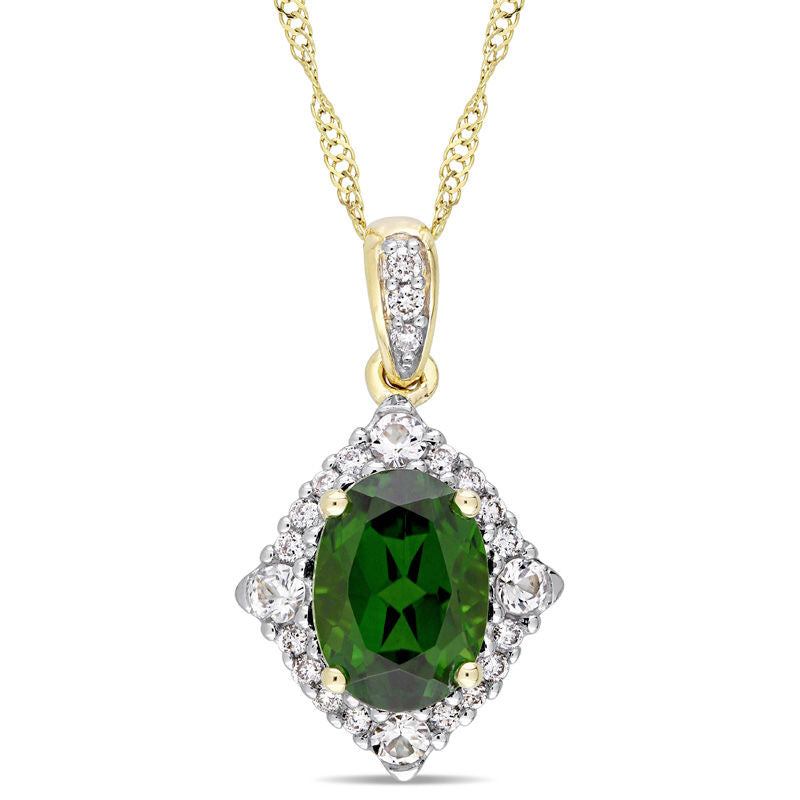 Oval Chrome Diopside, White Sapphire and 0.1 CT. T.W. Natural Diamond Frame Pendant in 14K Gold - 17