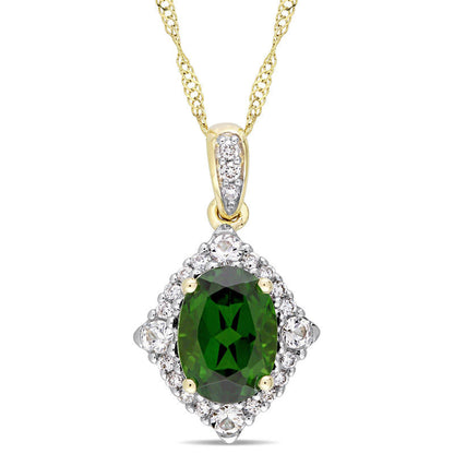 Oval Chrome Diopside, White Sapphire and 0.1 CT. T.W. Natural Diamond Frame Pendant in 14K Gold - 17