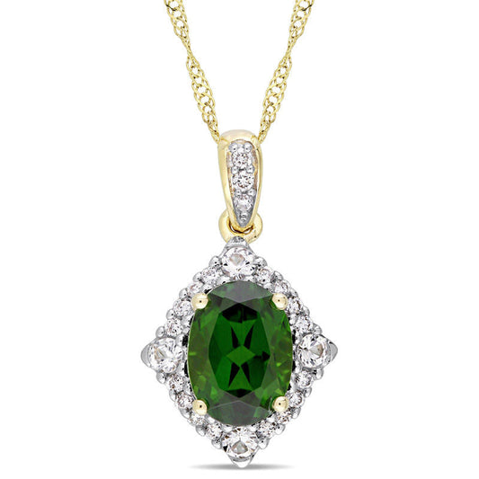 Oval Chrome Diopside, White Sapphire and 0.1 CT. T.W. Natural Diamond Frame Pendant in 14K Gold - 17