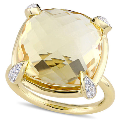 15.0mm Faceted Cushion-Cut Citrine and White Sapphire Ring in Solid 14K Gold