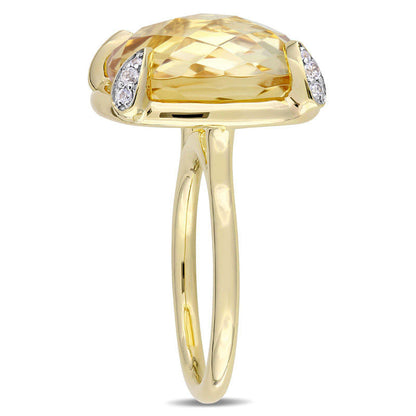 15.0mm Faceted Cushion-Cut Citrine and White Sapphire Ring in Solid 14K Gold