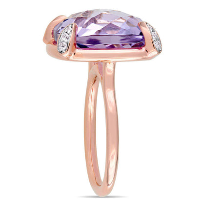 15.0mm Faceted Cushion-Cut Rose de France Amethyst and White Sapphire Ring in Solid 14K Rose Gold