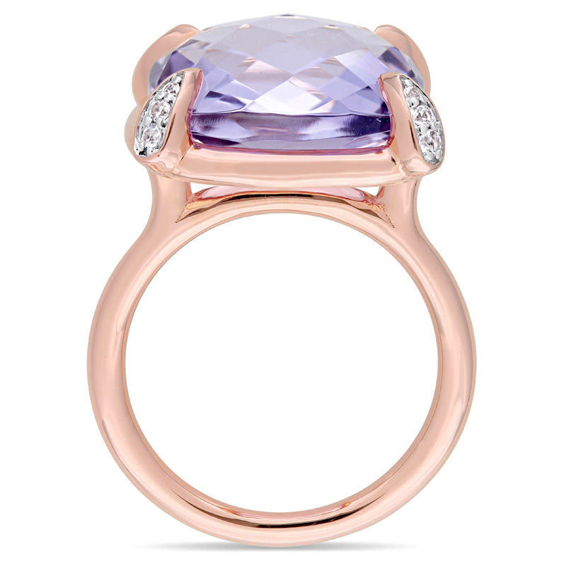 15.0mm Faceted Cushion-Cut Rose de France Amethyst and White Sapphire Ring in Solid 14K Rose Gold