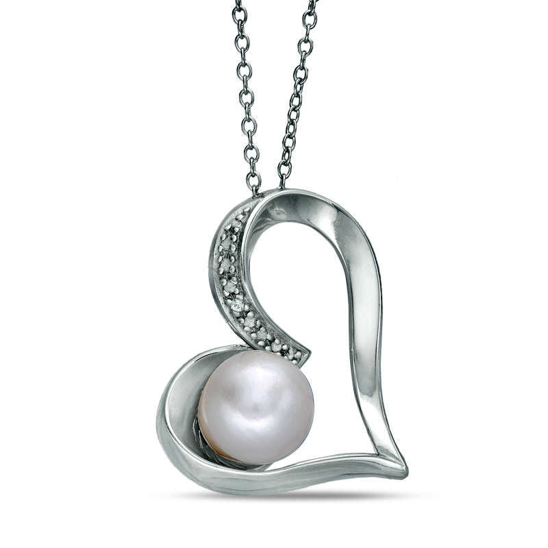 7.5 - 8.0mm Button Cultured Freshwater Pearl and Lab-Created White Sapphire Tilted Heart Pendant in Sterling Silver