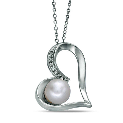 7.5 - 8.0mm Button Cultured Freshwater Pearl and Lab-Created White Sapphire Tilted Heart Pendant in Sterling Silver