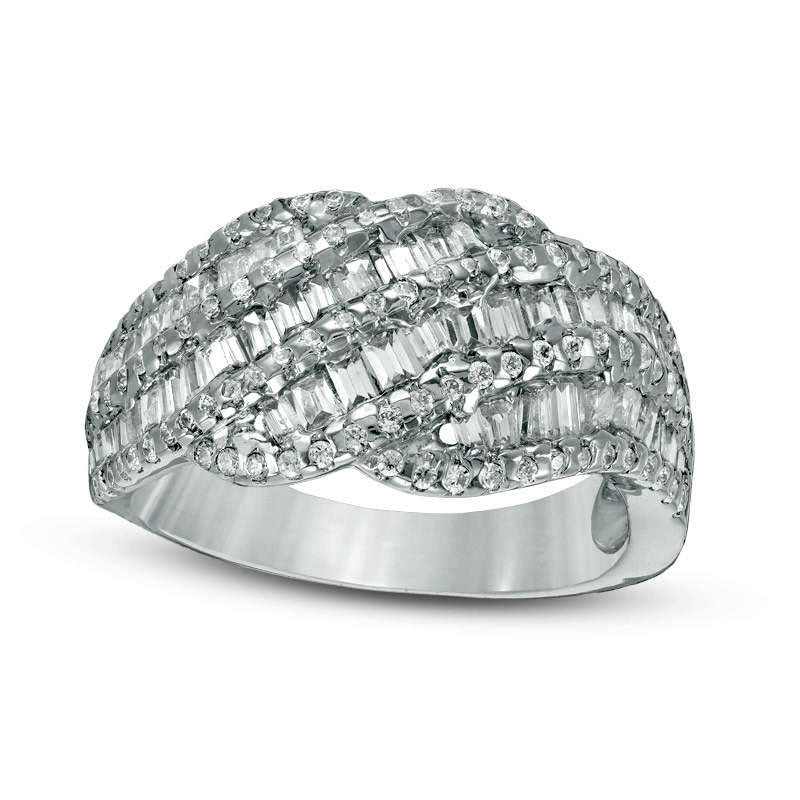 1.0 CT. T.W. Baguette and Round Natural Diamond Multi-Row Wave Band in Solid 10K White Gold