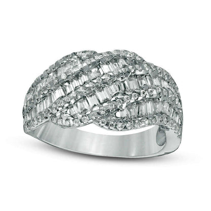 1.0 CT. T.W. Baguette and Round Natural Diamond Multi-Row Wave Band in Solid 10K White Gold