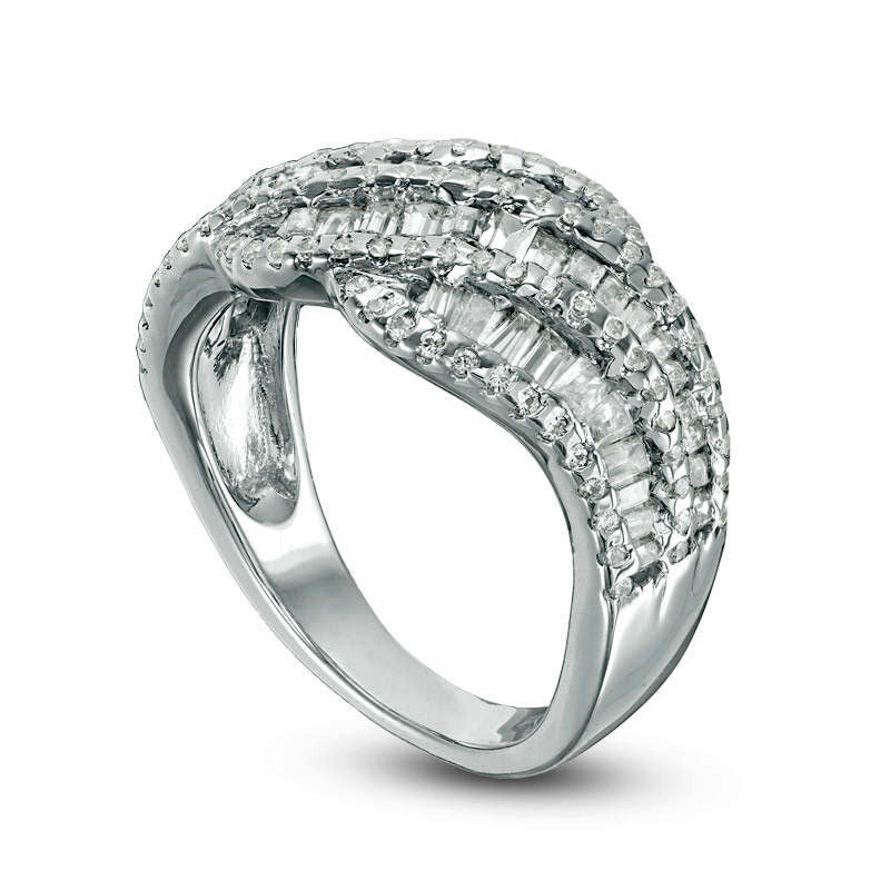 1.0 CT. T.W. Baguette and Round Natural Diamond Multi-Row Wave Band in Solid 10K White Gold