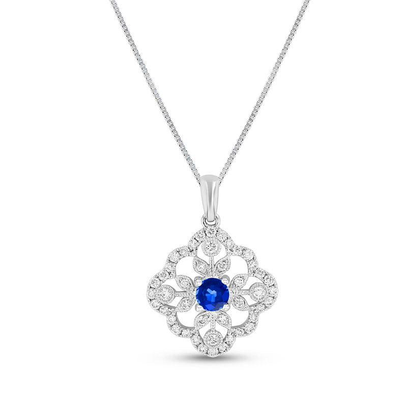Blue Sapphire and 0.33 CT. T.W. Natural Diamond Ornate Floral Pendant in 14K White Gold