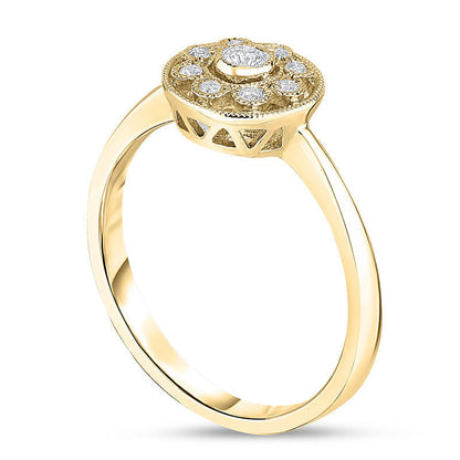 0.13 CT. T.W. Natural Diamond Flower Frame Antique Vintage-Style Promise Ring in Solid 10K Yellow Gold