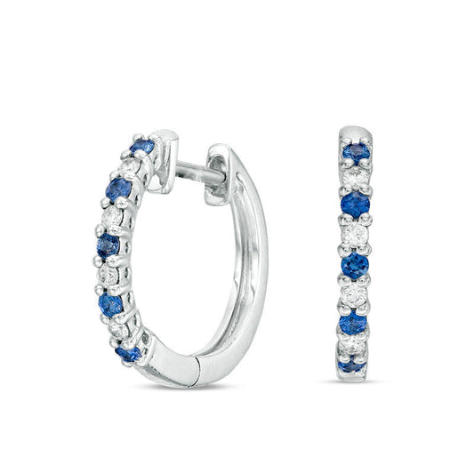 Blue Sapphire and 0.1 CT. T.W. Diamond Hoop Earrings in 14K White Gold