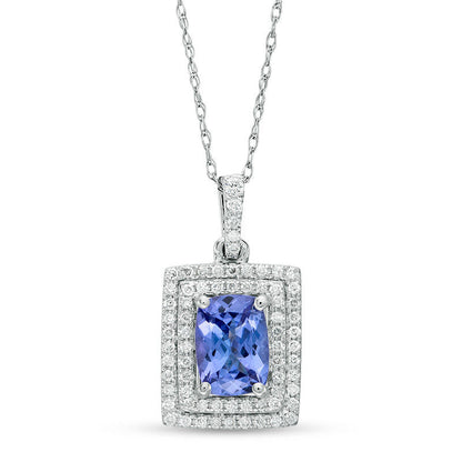 Cushion-Cut Tanzanite and 0.2 CT. T.W. Natural Diamond Double Rectangle Frame Pendant in 14K White Gold