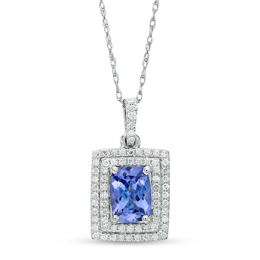 Cushion-Cut Tanzanite and 0.2 CT. T.W. Natural Diamond Double Rectangle Frame Pendant in 14K White Gold