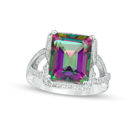 Emerald-Cut Mystic Fire« Topaz and 0.33 CT. T.W. Natural Diamond Frame Antique Vintage-Style Twist Ring in Solid 14K White Gold