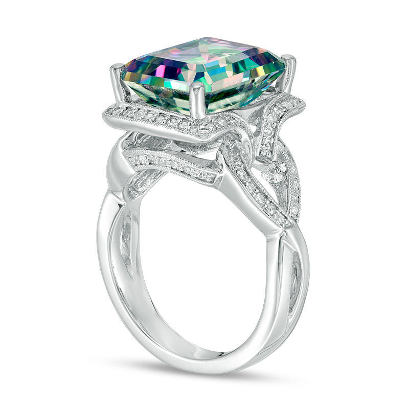 Emerald-Cut Mystic Fire« Topaz and 0.33 CT. T.W. Natural Diamond Frame Antique Vintage-Style Twist Ring in Solid 14K White Gold