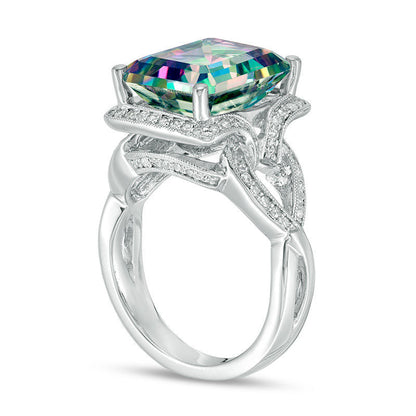 Emerald-Cut Mystic Fire« Topaz and 0.33 CT. T.W. Natural Diamond Frame Antique Vintage-Style Twist Ring in Solid 14K White Gold