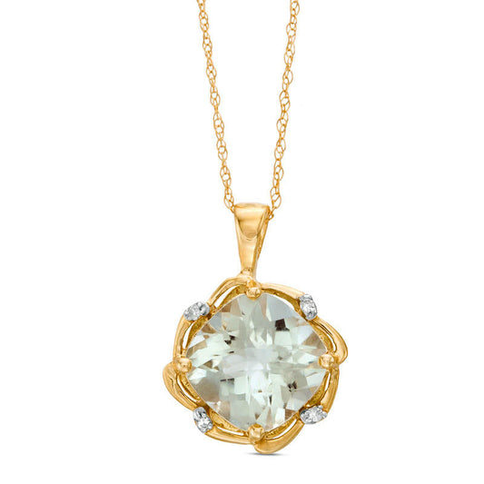10.0mm Cushion-Cut Green Quartz and Natural Diamond Accent Swirl Frame Pendant in 10K Yellow Gold