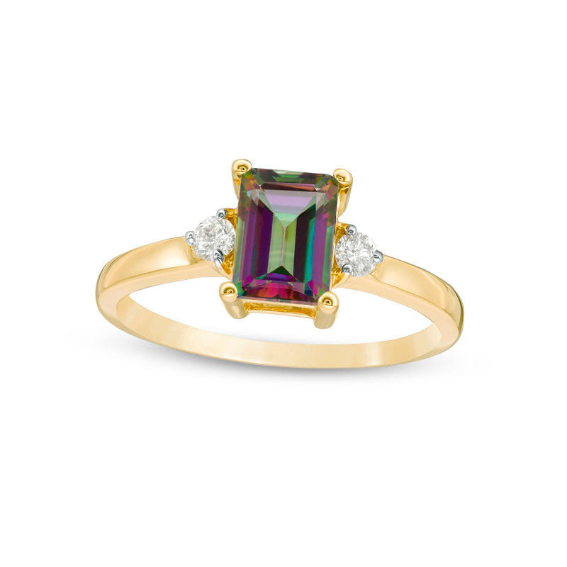 Emerald-Cut Mystic Fire« Topaz and 0.10 CT. T.W. Natural Diamond Ring in Solid 10K Yellow Gold