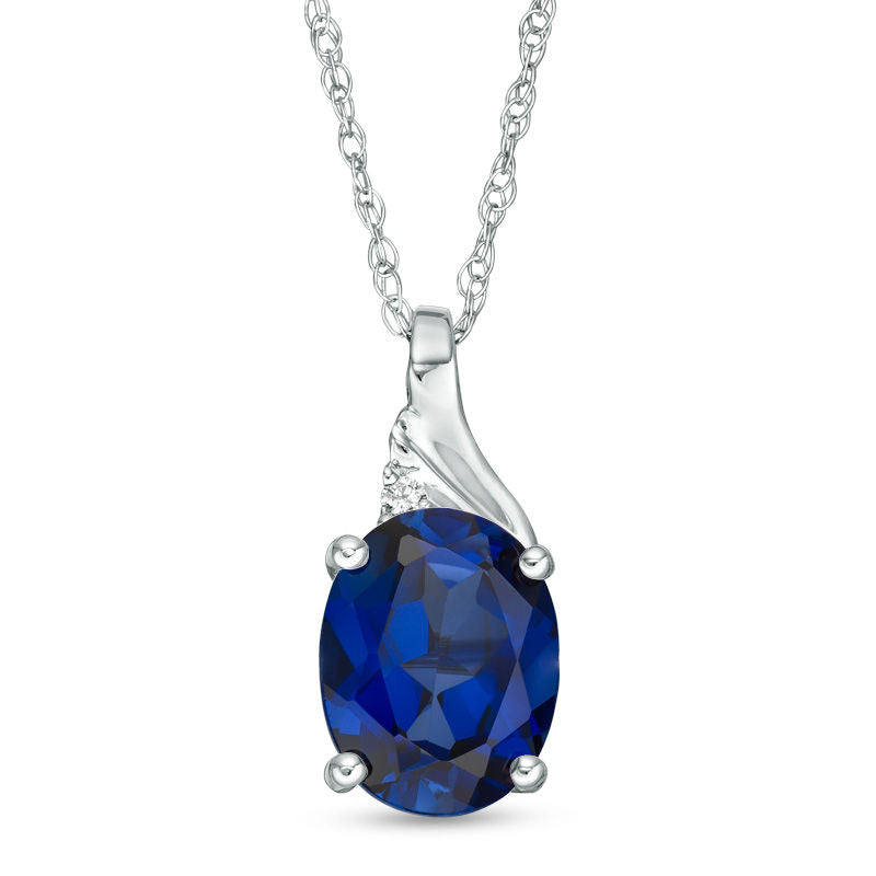 Oval Lab-Created Blue Sapphire and Diamond Accent Swirl Top Pendant in 10K White Gold
