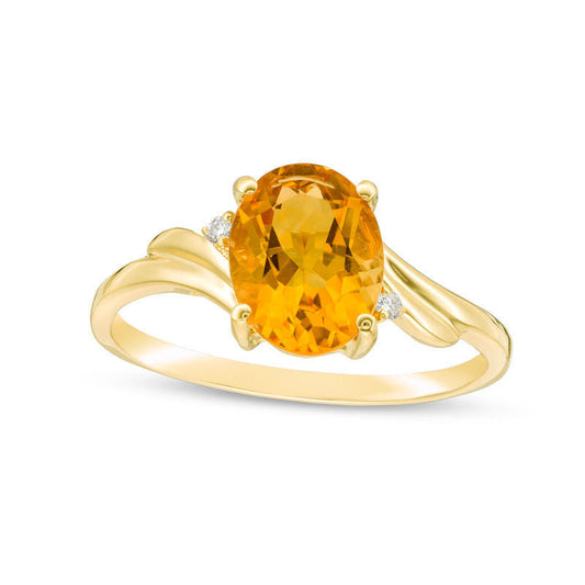 Oval Citrine and Natural Diamond Accent Bypass Swirl Shank Ring in Solid 10K Yellow Gold