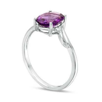 Oval Amethyst and Natural Diamond Accent Bypass Swirl Shank Ring in Solid 10K White Gold