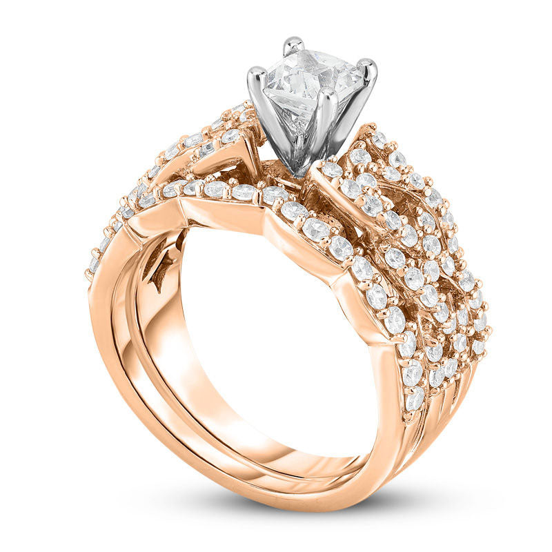 1.33 CT. T.W. Princess-Cut Natural Diamond Braid Shank Bridal Engagement Ring Set in Solid 14K Rose Gold