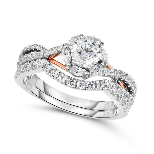 1.25 CT. T.W. Natural Diamond Frame Twist Bridal Engagement Ring Set in Solid 14K Two-Tone Gold