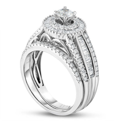 1.25 CT. T.W. Natural Diamond Starburst Frame Multi-Row Bridal Engagement Ring Set in Solid 14K White Gold