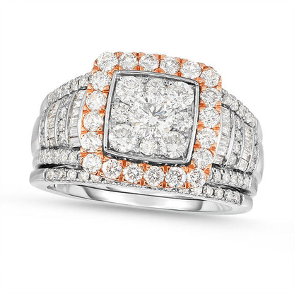 1.75 CT. T.W. Composite Natural Diamond Square Frame Stepped Shank Bridal Engagement Ring Set in Solid 14K Two-Tone Gold