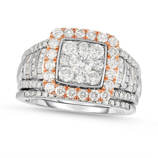 1.75 CT. T.W. Composite Natural Diamond Square Frame Stepped Shank Bridal Engagement Ring Set in Solid 14K Two-Tone Gold