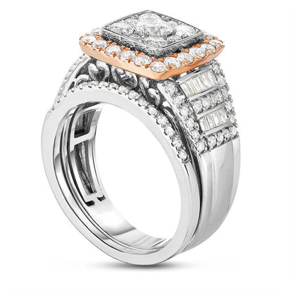 1.75 CT. T.W. Composite Natural Diamond Square Frame Stepped Shank Bridal Engagement Ring Set in Solid 14K Two-Tone Gold