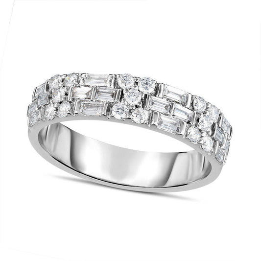 0.75 CT. T.W. Baguette and Round Natural Diamond Alternating Multi-Row Band in Solid 14K White Gold
