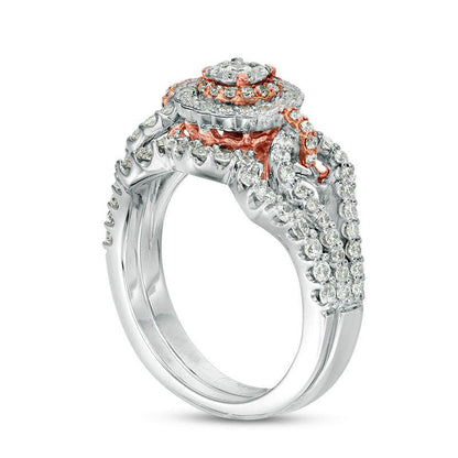 0.88 CT. T.W. Natural Diamond Double Frame Antique Vintage-Style Bridal Engagement Ring Set in Solid 10K Two-Tone Gold