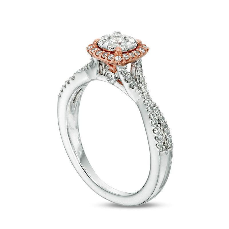 0.50 CT. T.W. Natural Diamond Double Cushion Frame Twist Engagement Ring in Solid 10K Two-Tone Gold