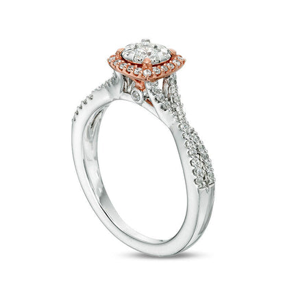 0.50 CT. T.W. Natural Diamond Double Cushion Frame Twist Engagement Ring in Solid 10K Two-Tone Gold