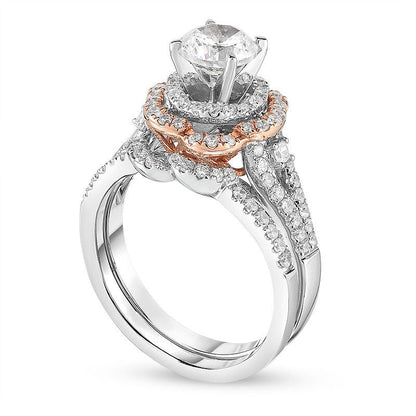 1.0 CT. T.W. Natural Diamond Double Flower Frame Bridal Engagement Ring Set in Solid 14K Two-Tone Gold