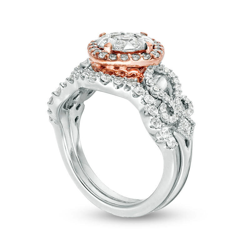 1.25 CT. T.W. Natural Diamond Tilted Cushion Frame Antique Vintage-Style Bridal Engagement Ring Set in Solid 10K Two-Tone Gold