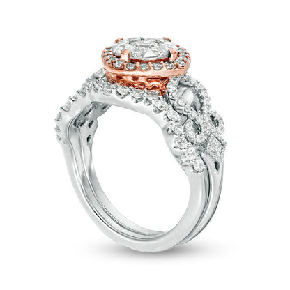 1.25 CT. T.W. Natural Diamond Tilted Cushion Frame Antique Vintage-Style Bridal Engagement Ring Set in Solid 10K Two-Tone Gold