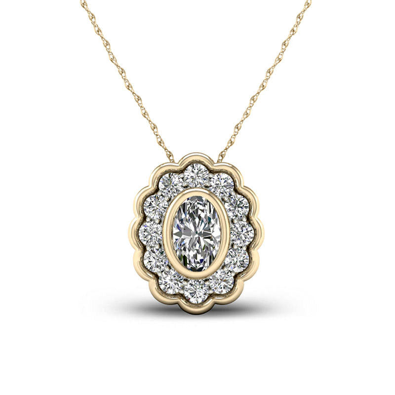 0.5 CT. T.W. Oval Natural Diamond Flower Frame Pendant in 10K Yellow Gold