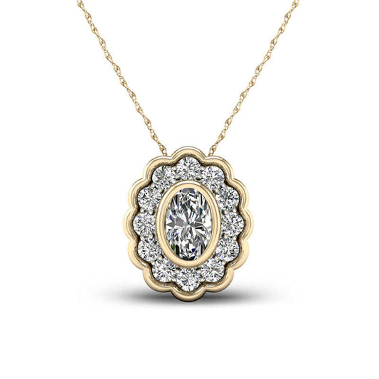0.5 CT. T.W. Oval Natural Diamond Flower Frame Pendant in 10K Yellow Gold