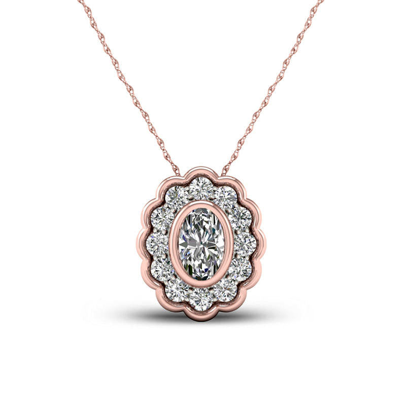 0.5 CT. T.W. Oval Natural Diamond Flower Frame Pendant in 10K Rose Gold