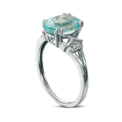 Oval Blue Topaz and Natural Diamond Accent Split Shank Antique Vintage-Style Ring in Sterling Silver