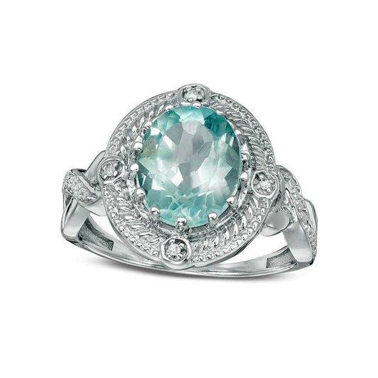 Oval Blue Topaz and Natural Diamond Accent Beaded Rope-Textured Frame Antique Vintage-Styles Ring in Sterling Silver